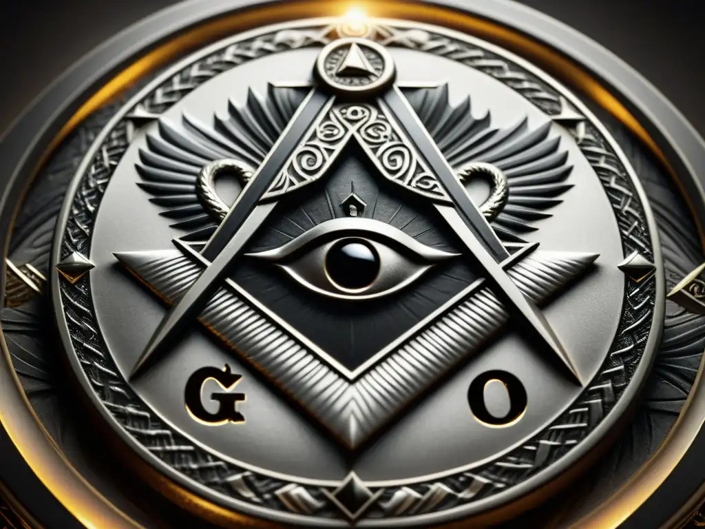 Emblema masónico antiguo: simbología enigmática Detallado emblema masónico iluminado por un rayo de luz, mostrando símbolos como la brújula y el ojo que todo lo ve