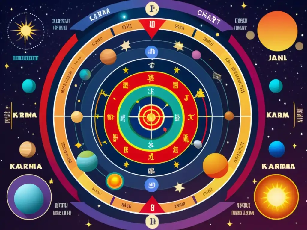 Un detallado y enigmático gráfico astrológico de deudas financieras entrelazadas con símbolos kármicos, planetas y energía celestial