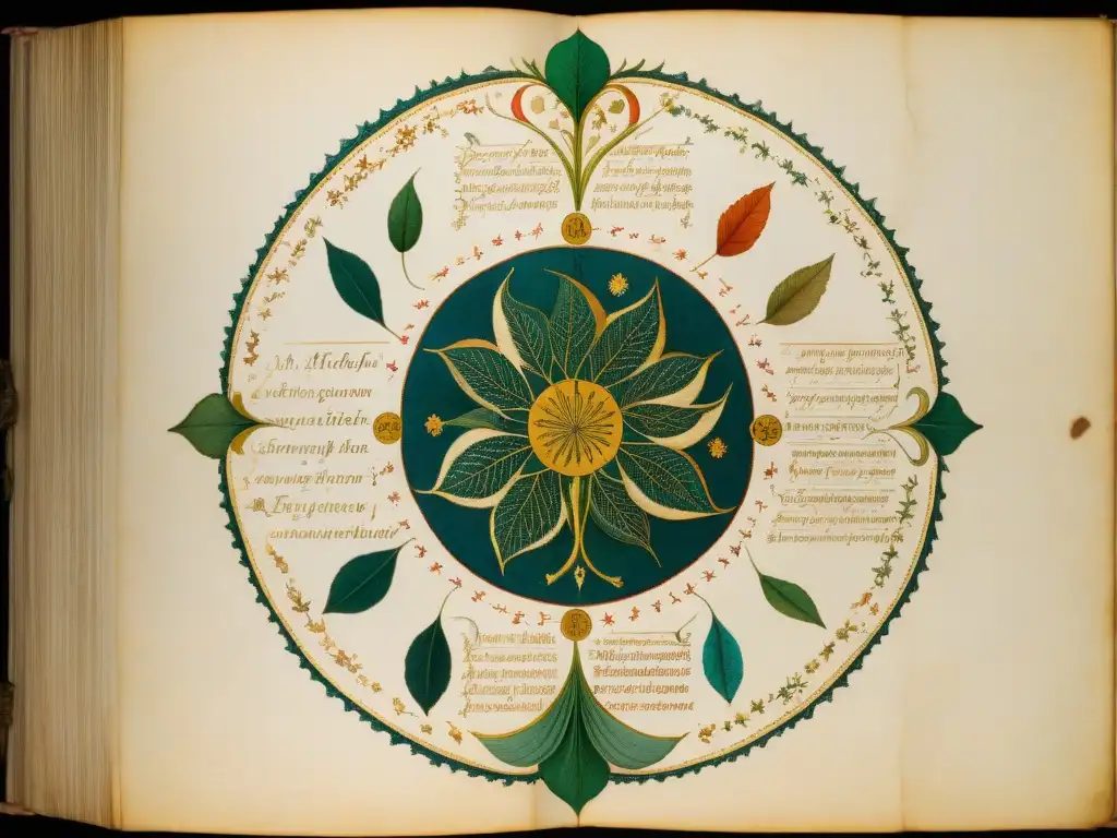 Detallado y enigmático manuscrito Voynich con ilustraciones botánicas, texto críptico y símbolos misteriosos en vibrantes colores