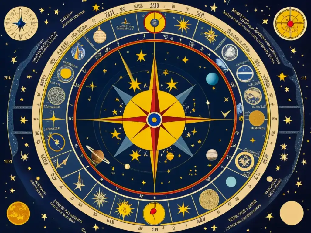 Detallado gráfico de astrología bélica perfil inversor con alineación de planetas y estrellas en una batalla histórica