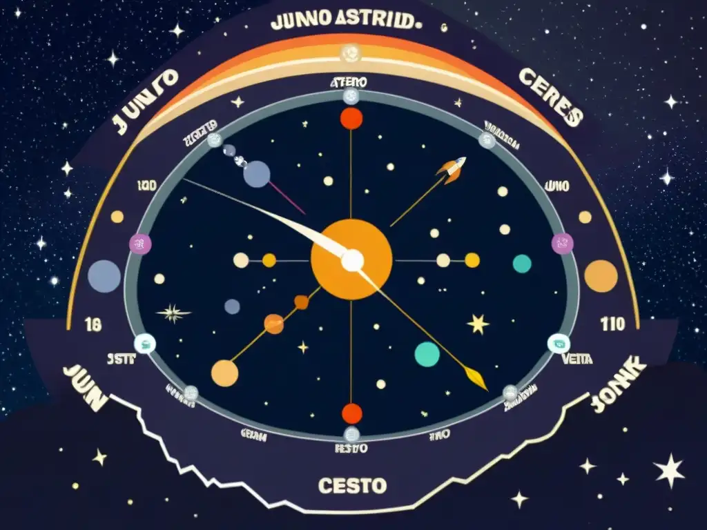 Un detallado gráfico financiero con asteroides en astrología financiera y símbolos financieros en un cielo estrellado