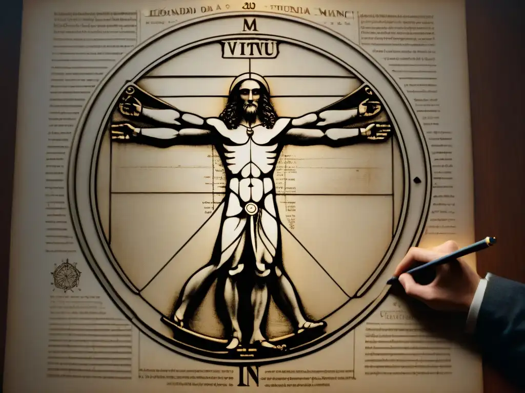 Detallado y misterioso dibujo de 'El Hombre de Vitruvio' de Leonardo da Vinci en una habitación iluminada, evocando conocimiento esotérico
