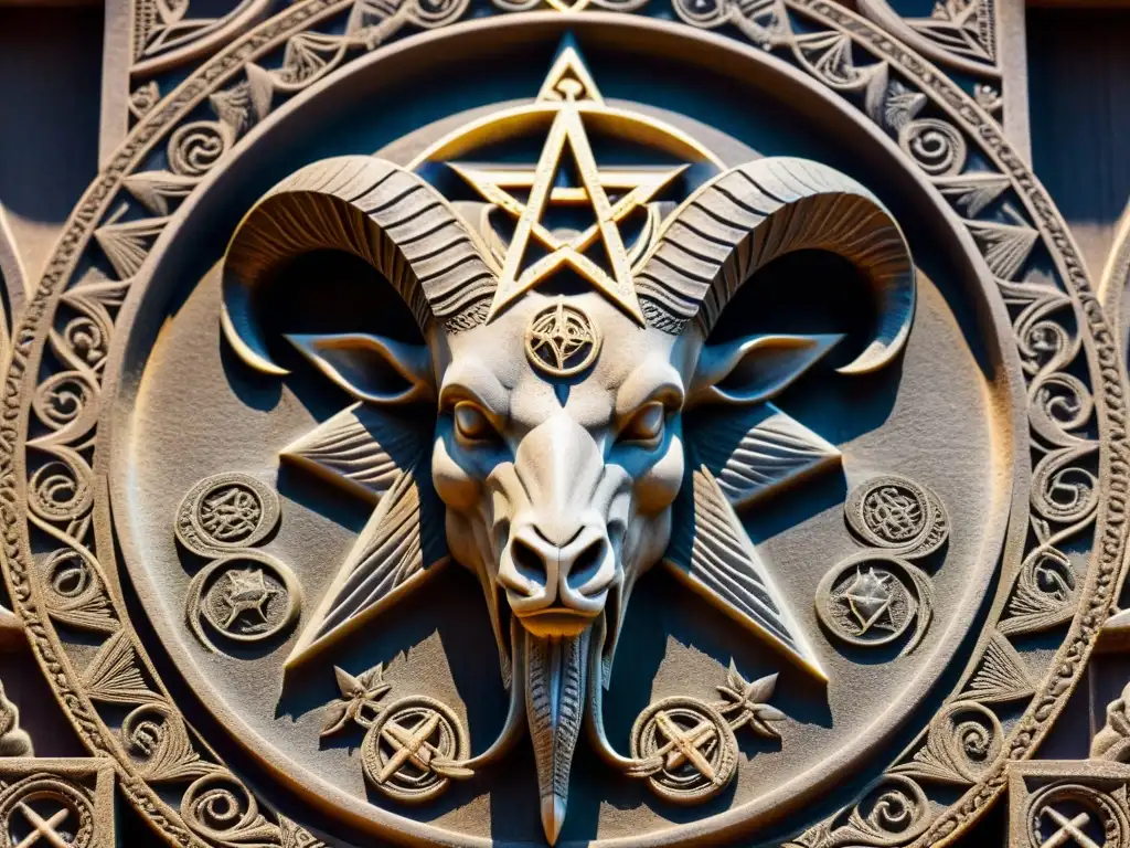 Un detallado tallado antiguo de Baphomet, con símbolos ocultos iluminados, creando una atmósfera misteriosa