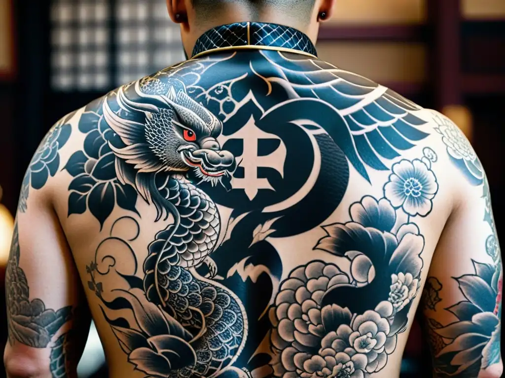 Detallado tatuaje de Yakuza con símbolos tradicionales japoneses y cicatrices, reflejando los rituales secretos de la Yakuza