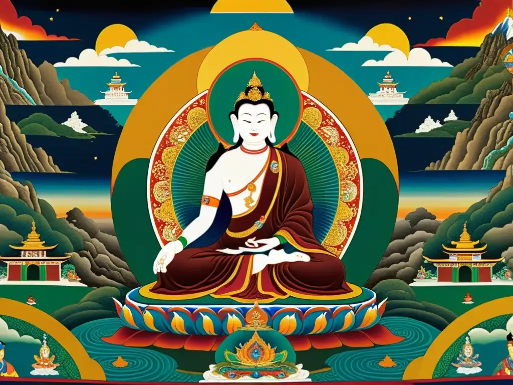 Un detallado thangka tibetano con las distintas dimensiones de la existencia y seres místicos