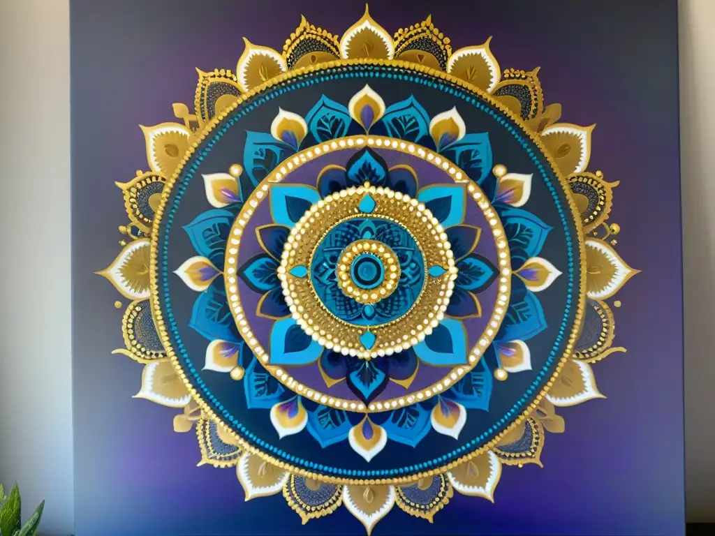 Detallado mandala en tonos azules, morados y dorados, simbolizando la Simbología colores mundo espiritual