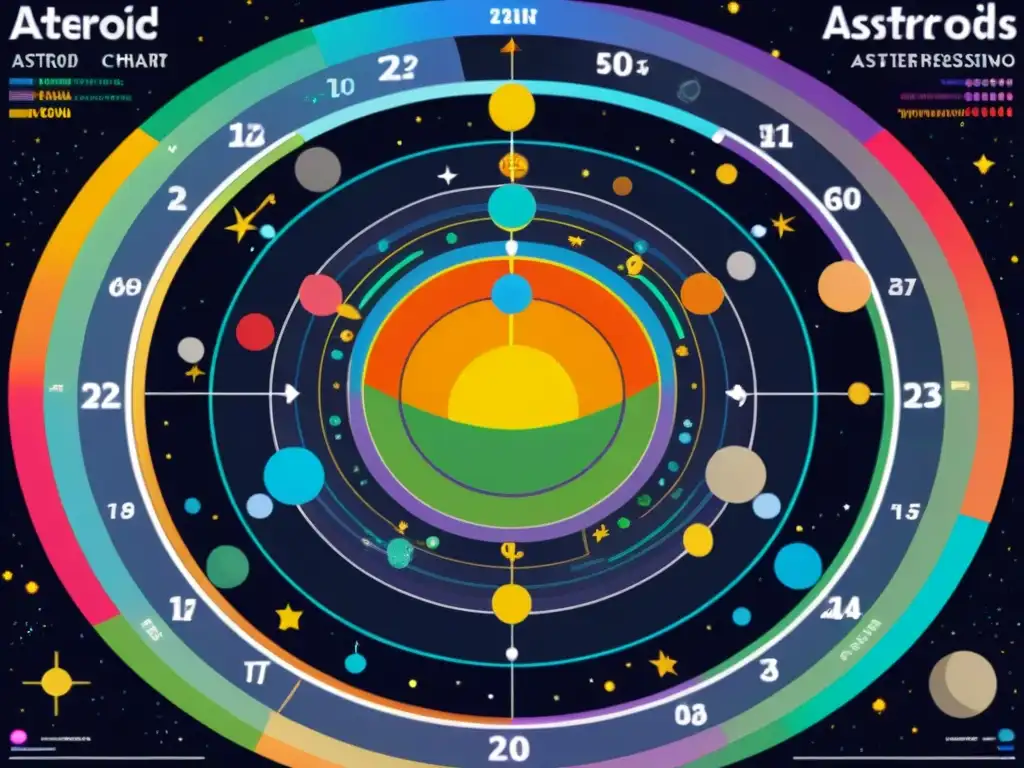 Un detallado y vibrante mapa astrológico con asteroides en astrología financiera