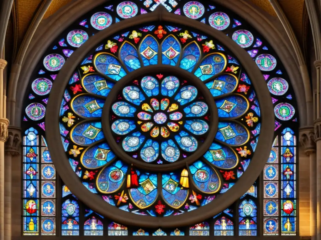 Detalle alquímico en la Rosetón de Notre Dame: una fusión artística de símbolos alquímicos y patrones geométricos en vibrante vitral gótico