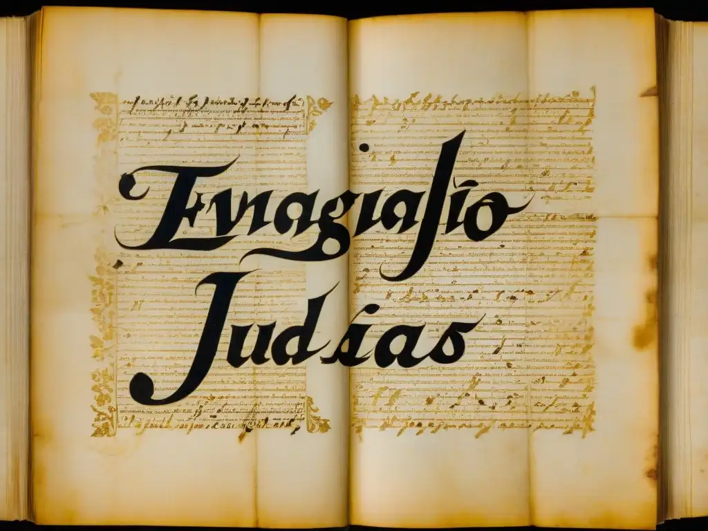 Detalle en alta resolución de una antigua página manuscrita desgastada, con la inscripción 'Evangelio de Judas'