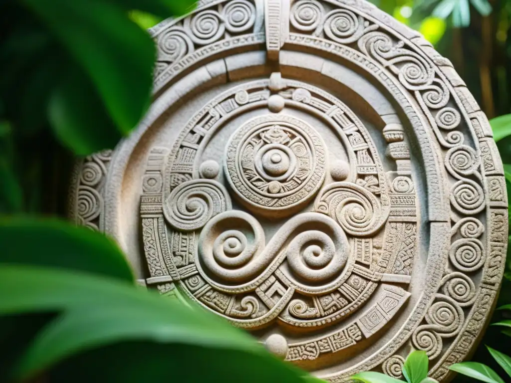 Detalle de una antigua talla de piedra maya con símbolos de la espiral misteriosa, rodeada de la exuberante selva