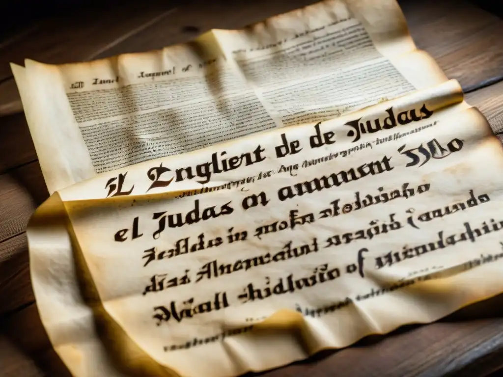 Detalle del antiguo manuscrito 'El Evangelio de Judas' en pergamino envejecido sobre mesa de madera, resaltando su autenticidad