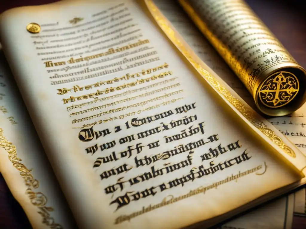 Detalle de un antiguo manuscrito rosacruz con símbolos misteriosos, caligrafía delicada y hojas de oro