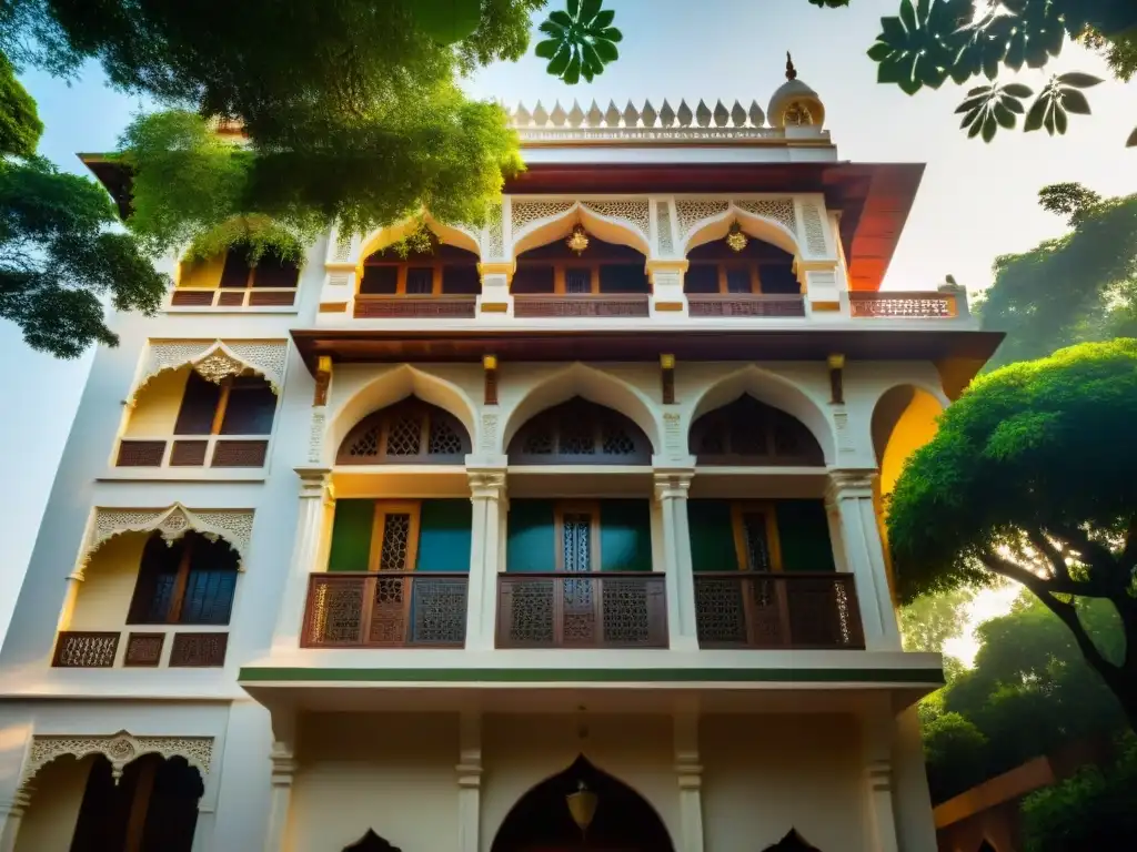 Detalle arquitectónico de la sede de la Sociedad Teosófica en Adyar, India, rodeada de exuberante vegetación y atmósfera serena