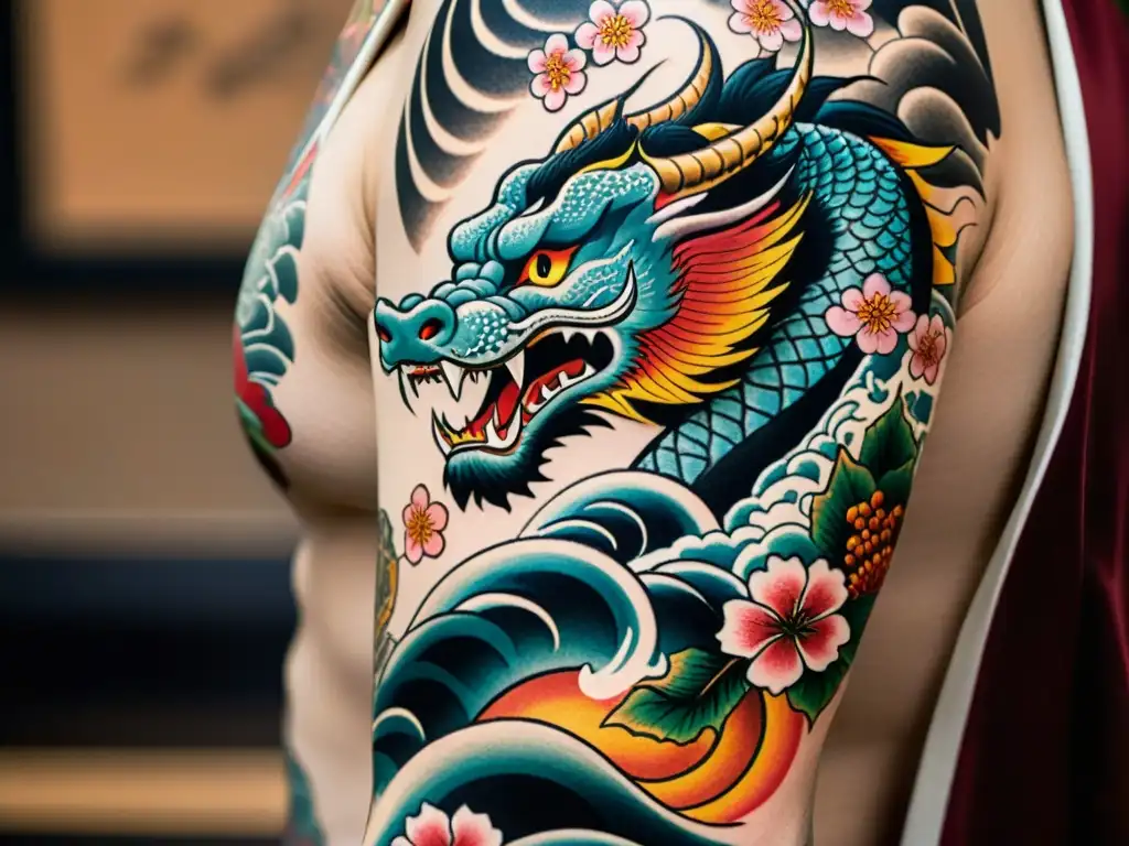 Detalle artístico de tatuaje Yakuza con dragones, cerezos en flor y olas, simbolismo y misterio en cada trazo