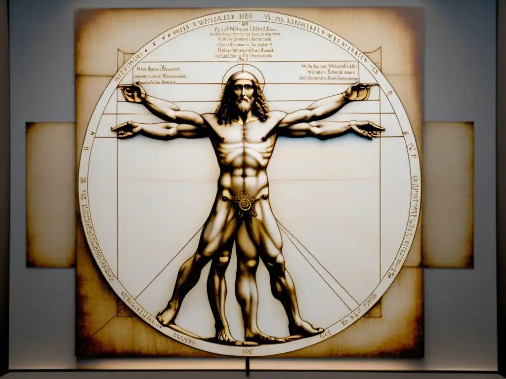 Detalle asombroso del Hombre de Vitruvio de Da Vinci, mostrando proporciones precisas