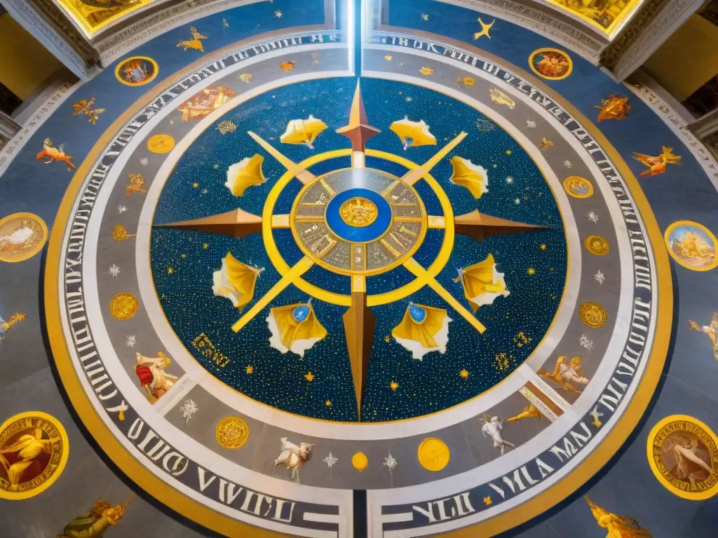 Detalle asombroso del suelo de mosaico en la Capilla Sixtina del Vaticano, mostrando el simbolismo astronómico en cada baldosa