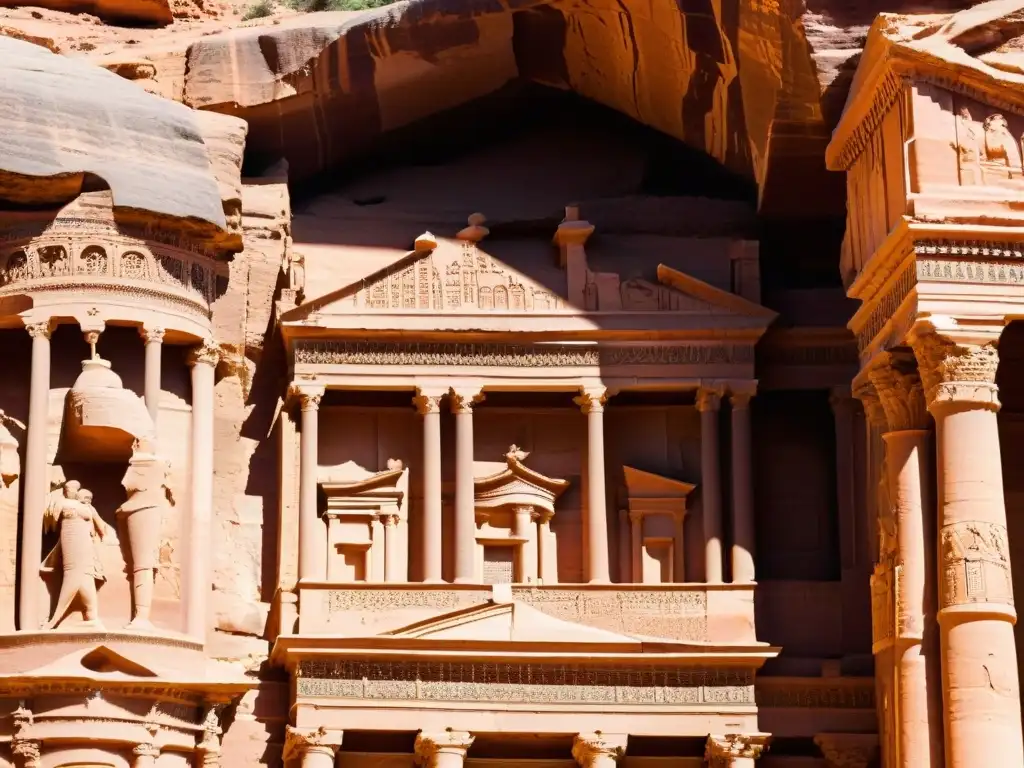 Detalle asombroso de las tallas en el Tesoro de Petra, revelando la historia misteriosa de sociedades secretas en la antigua arquitectura