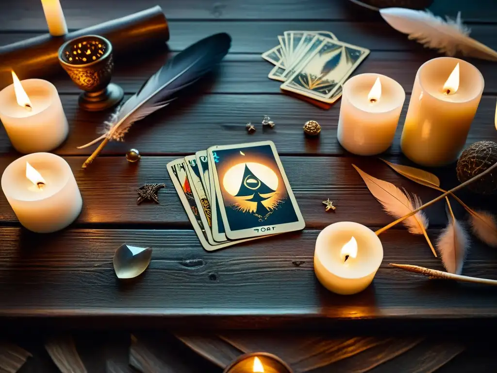 Misterioso y detallado tarot en mesa de madera Detalle de carta de tarot en mesa de madera con objetos místicos, iluminación suave