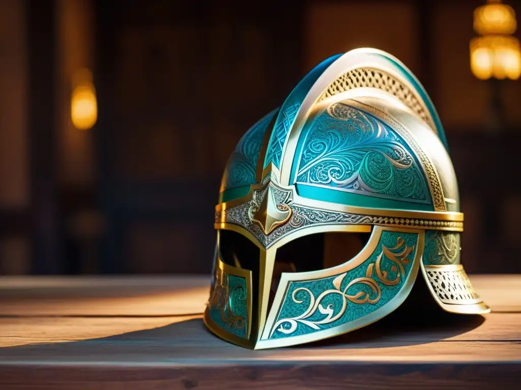 Detalle del casco de un guerrero Qizilbash, con grabados ornamentados y símbolos de fe y lealtad, iluminado en una mesa de madera