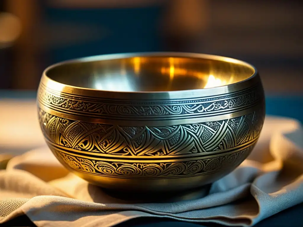 Detalle de un cuenco tibetano tradicional, resaltando sus grabados y la serenidad del entorno