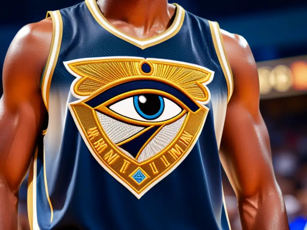 Detalle dorado del ojo de Horus en uniforme de jugador de baloncesto