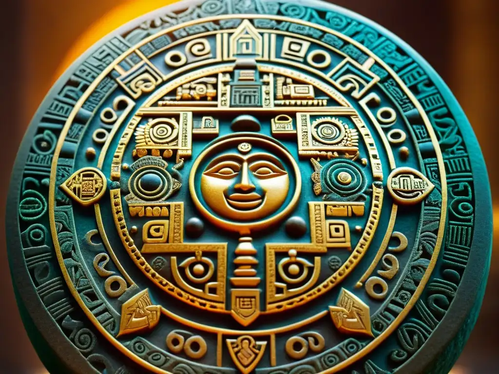 Detalle dorado de la piedra del calendario azteca, evocando misterio y rica historia de sociedades secretas