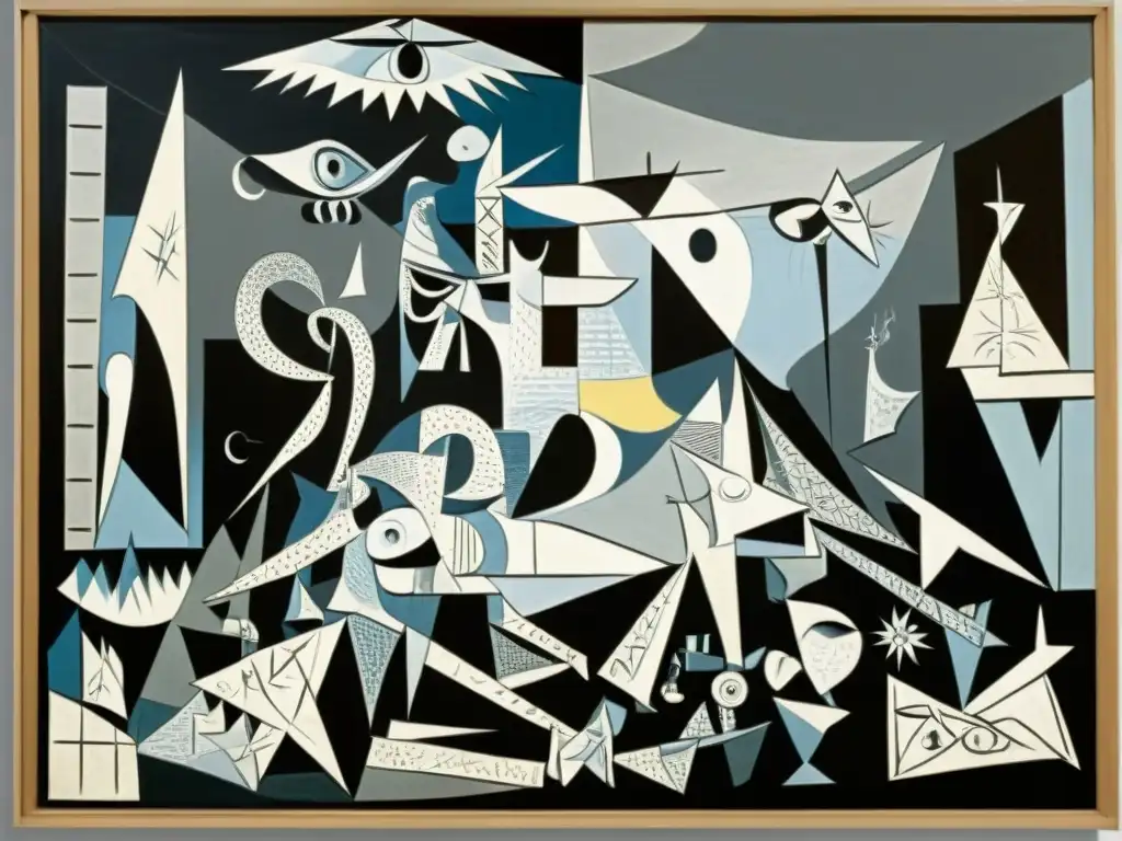 Detalle emocional de 'Guernica' de Picasso, con figuras distorsionadas, rostros angustiados y símbolos poderosos