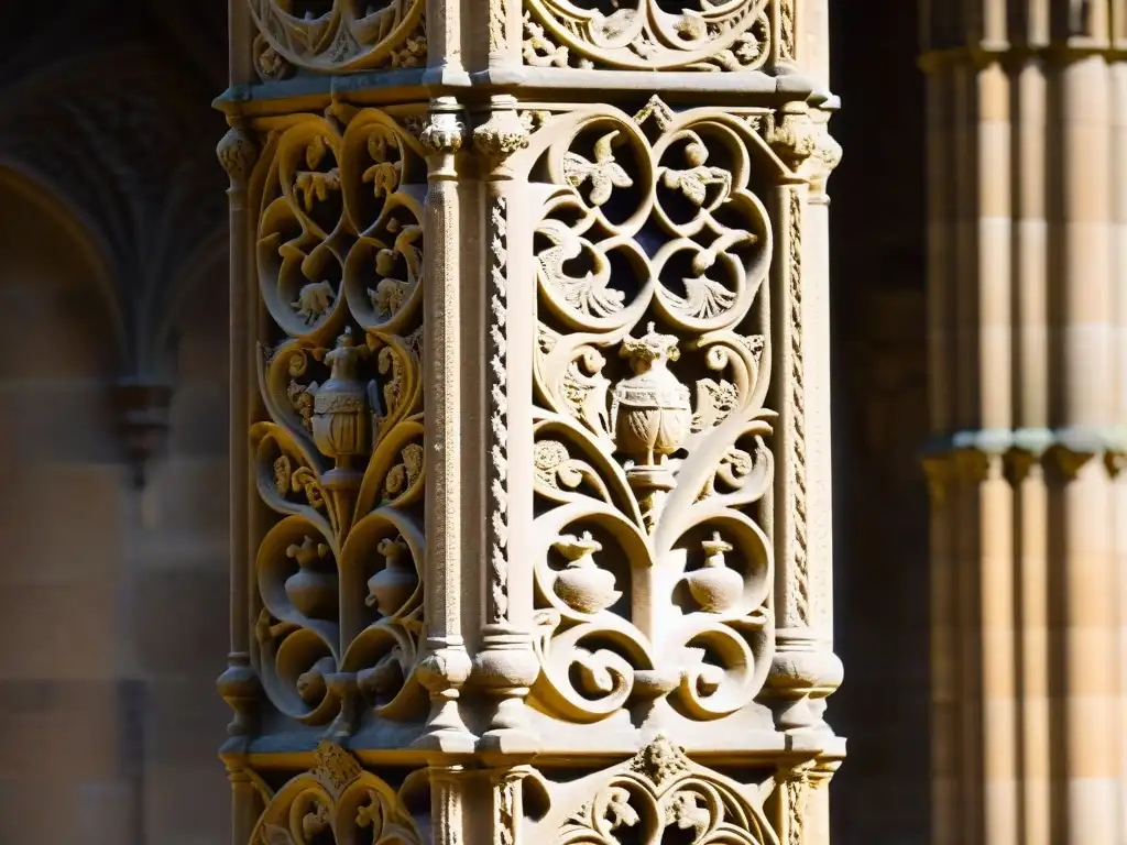 Detalle de las enigmáticas tallas en pilares de la Capilla Rosslyn, revelando secretos sociedades secretas Rosslyn misterios