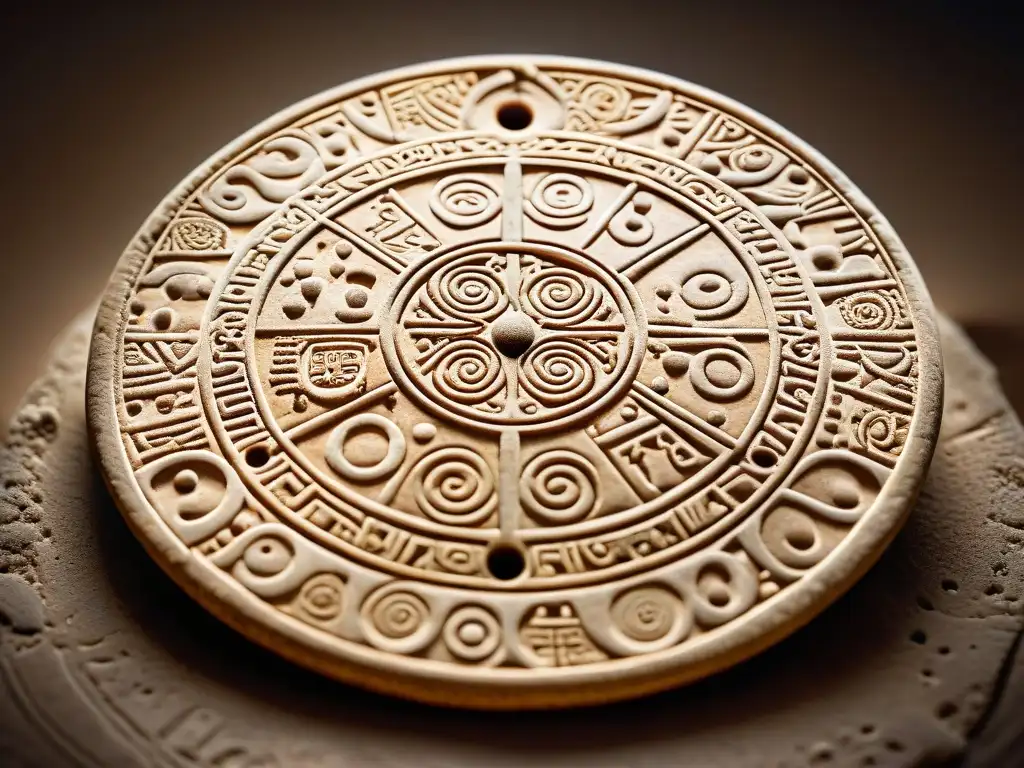 Misteriosa inscripción en el Disco de Festos: detalle en espiral Detalle del enigmático Disco de Phaistos con inscripciones espirales y símbolos misteriosos