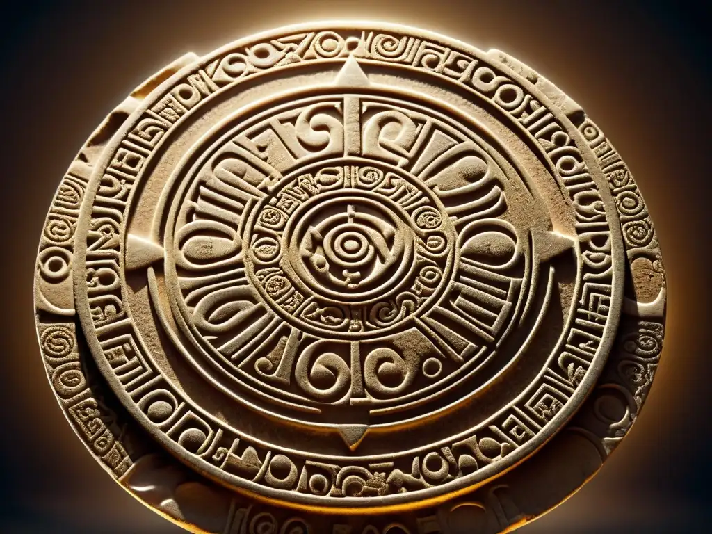 Enigma ancestral: detalle del disco de Phaistos Detalle del enigmático Disco de Phaistos con inscripciones en espiral, textura de arcilla y símbolos iluminados, evocando misterio y exploración