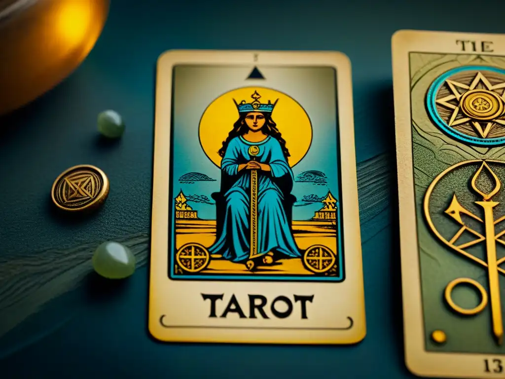 Detalle envejecido de una carta de tarot, rodeada de símbolos antiguos y colores desgastados, evocando misterio e historia