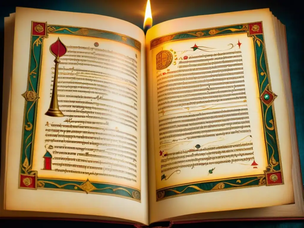 Detalle exquisito de un antiguo manuscrito rosacruz, con caligrafía e ilustraciones simbólicas vibrantes, iluminado por velas