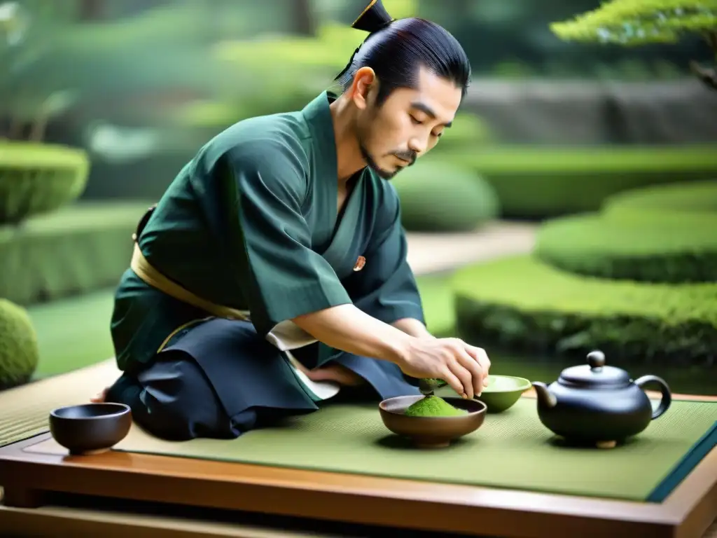 Detalle exquisito de una ceremonia del té japonesa en un jardín sereno; refleja armonía, respeto y tranquilidad