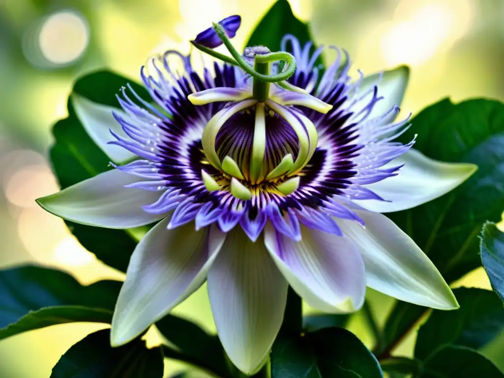 Detalle de una flor de la pasión en floración, resaltando su belleza etérea y los beneficios de la terapia floral para el equilibrio emocional