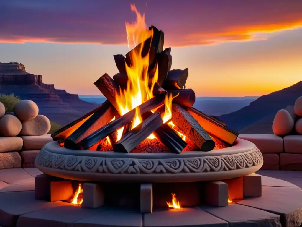 Detalle de fogata ceremonial rodeada de tallas en piedra, bajo un atardecer hipnótico