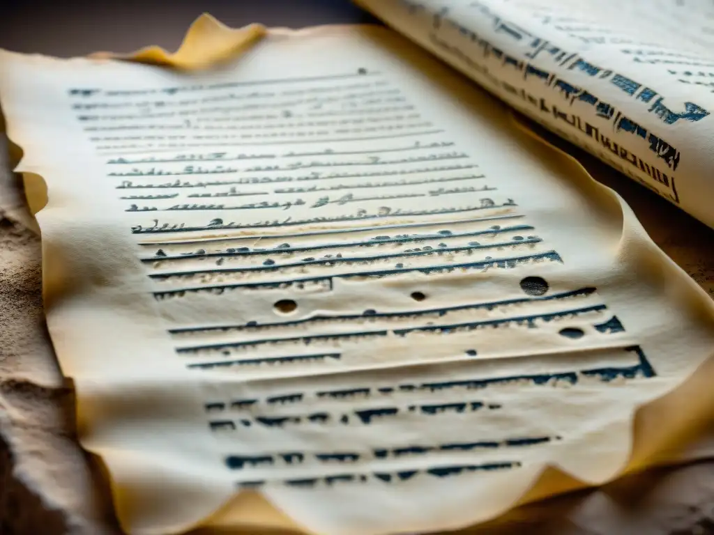 Misterioso fragmento de Pergamino del Mar Muerto con antiguo texto hebreo Detalle de un fragmento bien conservado de un pergamino del Mar Muerto con escritura hebrea antigua, revelando secretos de la historia