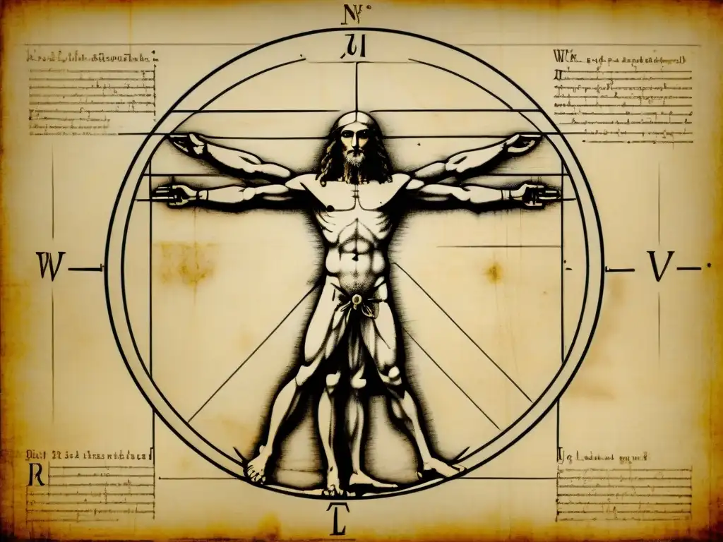 Detalle hipnotizante del Hombre de Vitruvio de Da Vinci, destacando proporciones perfectas y anotaciones meticulosas