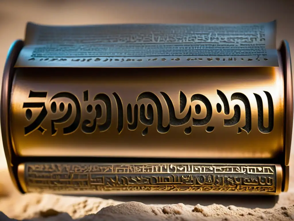 Misterioso pergamino de cobre de Qumrán Detalle impresionante del antiguo rollo de cobre de Qumrán con inscripciones hebreas y símbolos intrincados