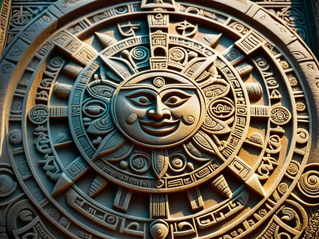 Detalle impresionante de un calendario maya esculpido en piedra, mostrando símbolos sagrados que influencian la vida cotidiana