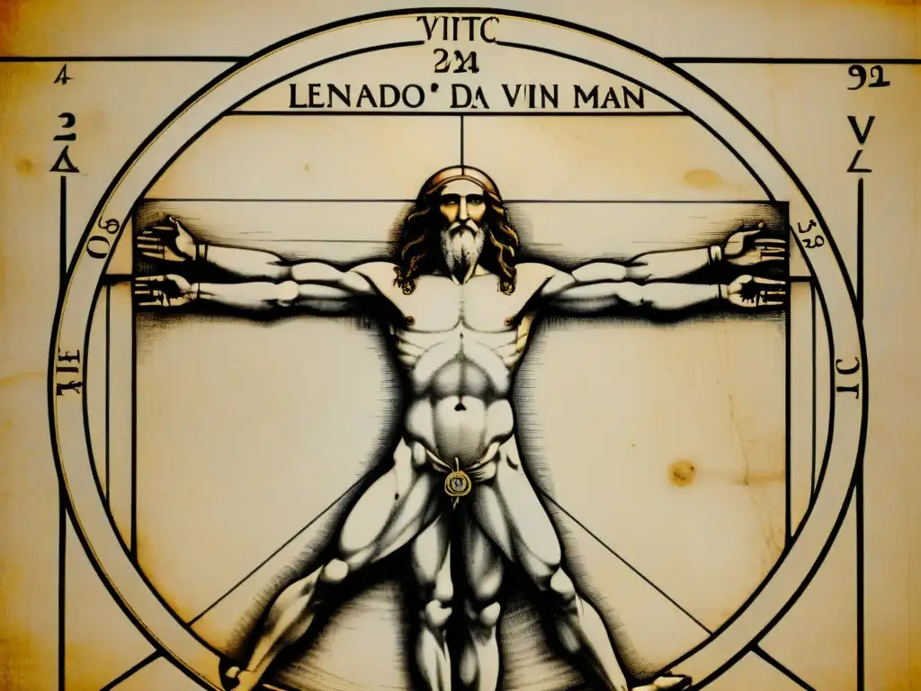 Detalle impresionante del 'Hombre de Vitruvio' de Da Vinci, destacando su precisión matemática y los símbolos ocultos Leonardo da Vinci