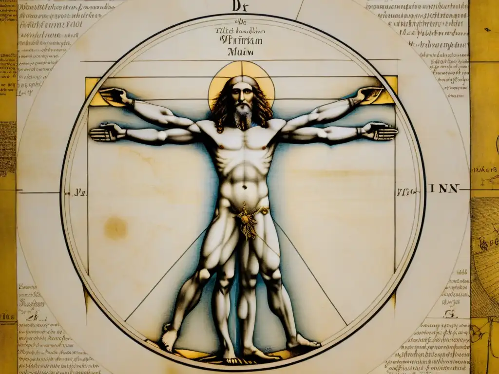 Detalle impresionante del 'Hombre de Vitruvio' de Leonardo da Vinci, revelando la precisión matemática y proporciones perfectas