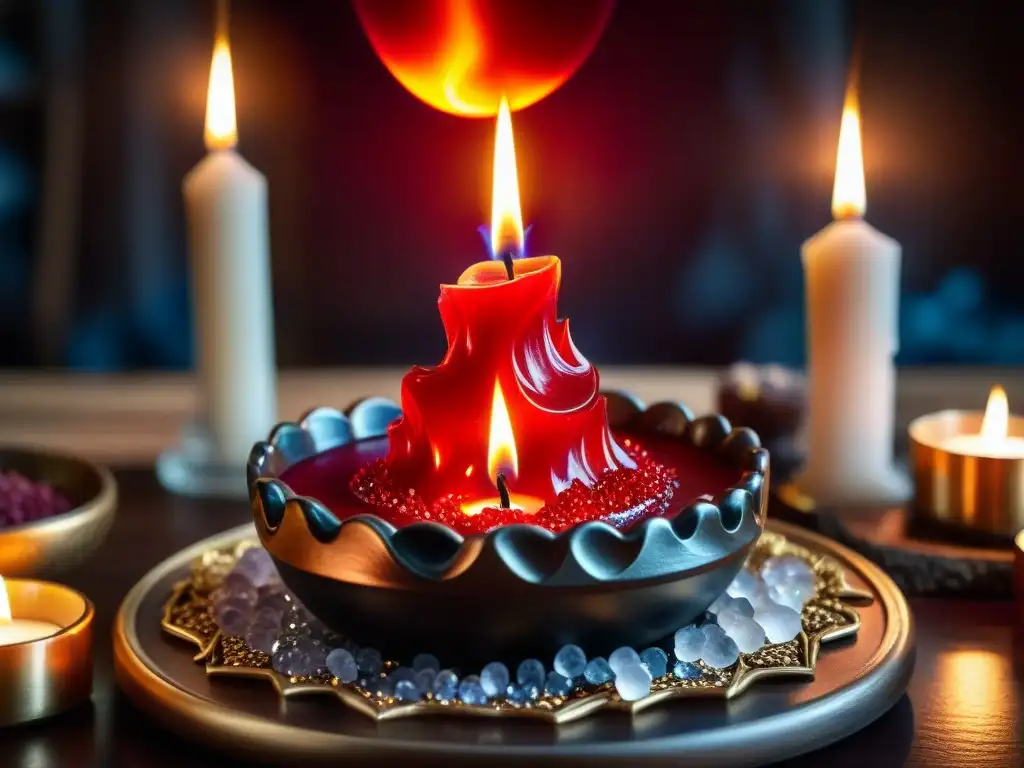 Detalle impresionante: incienso de dragón ardiendo en altar espiritual con cristales y velas, ideal para incorporar en rituales místicos