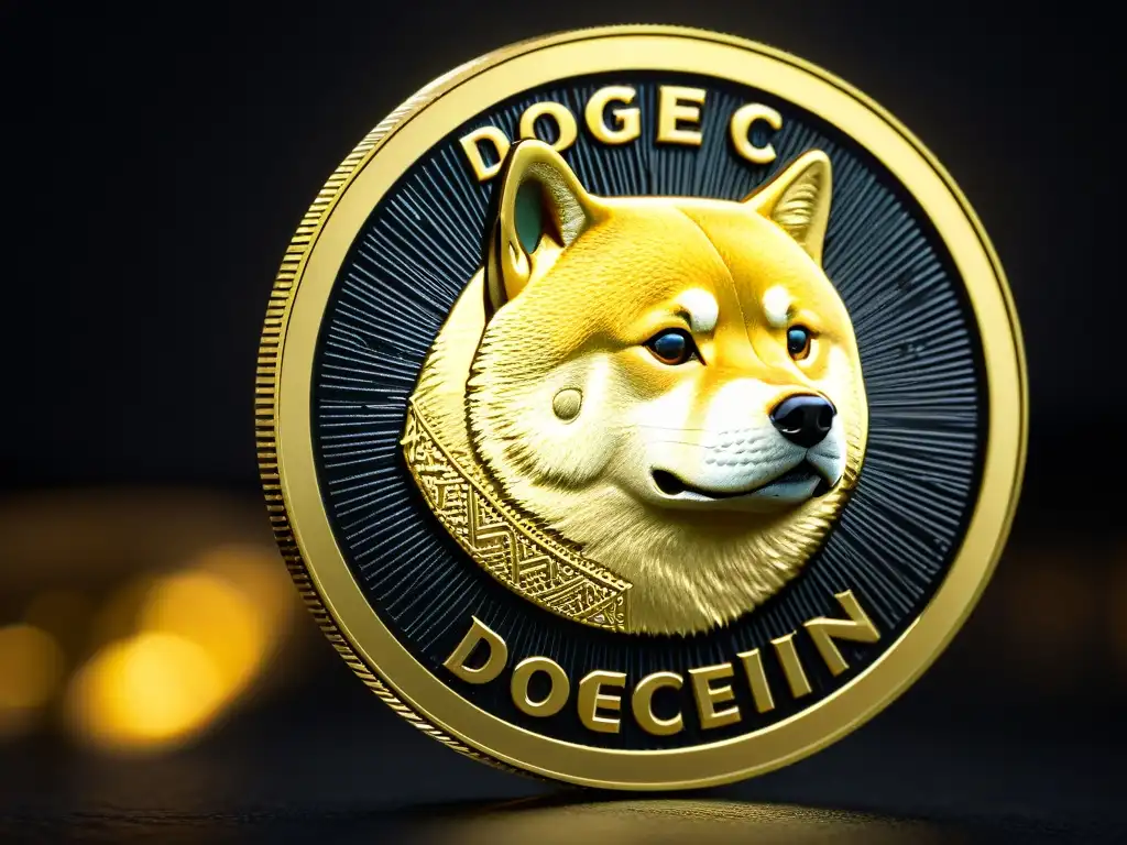 Detalle impresionante de moneda Dogecoin con Símbolos Dogecoin culto absurdo en oscuro fondo dramático