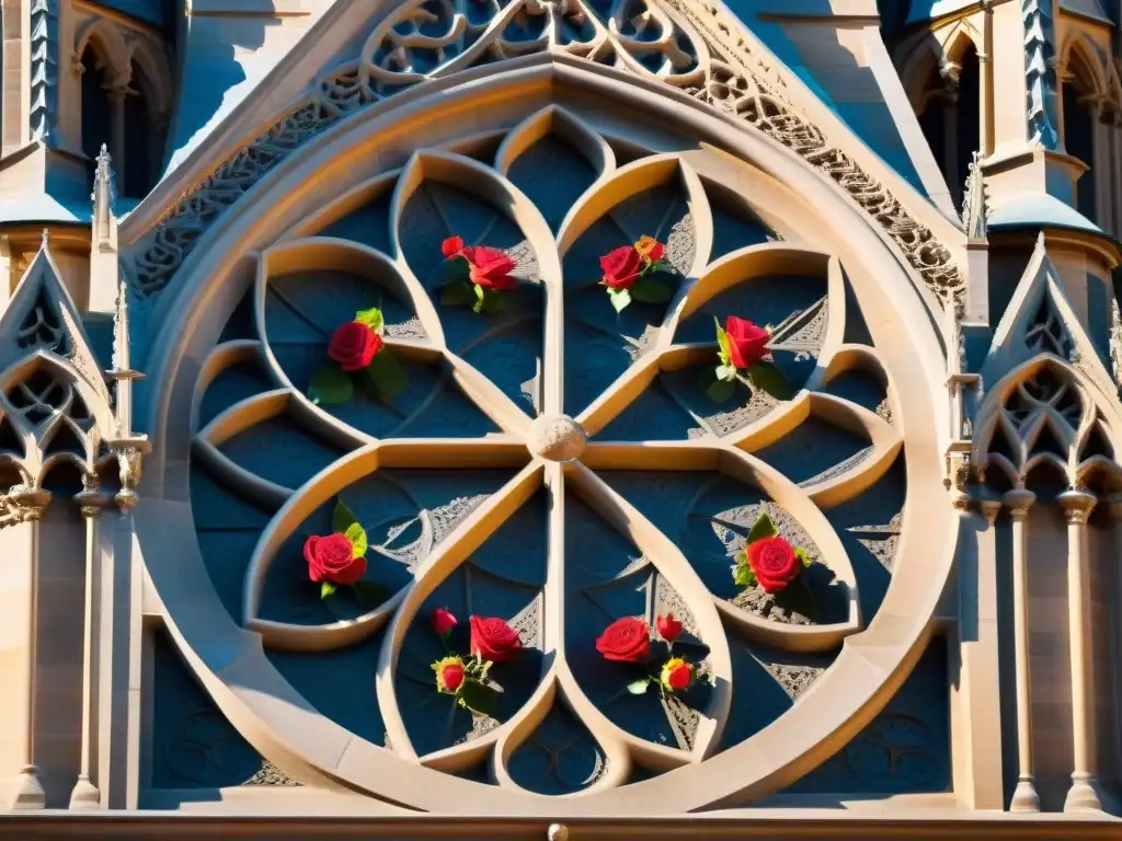 Detalle impresionante de tallas en piedra en la fachada de una catedral gótica, con simbolismos rosacruces