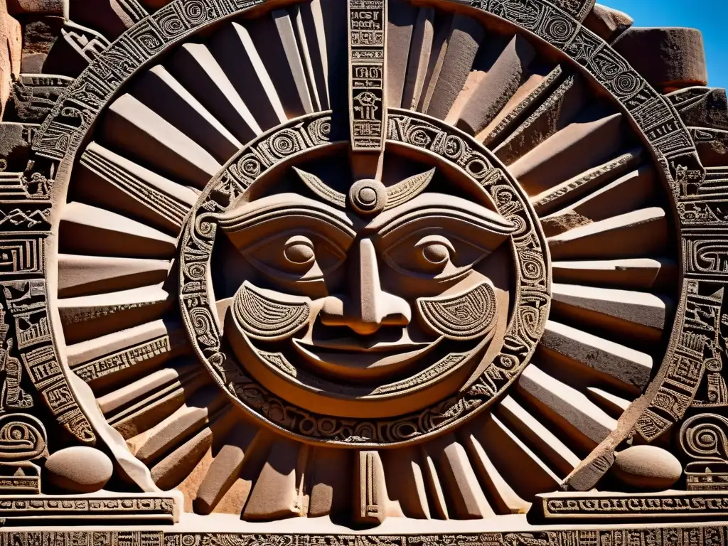 Detalle impresionante de las tallas en la Puerta del Sol en Tiahuanaco, reflejando la destreza de las sociedades secretas en Tiahuanaco