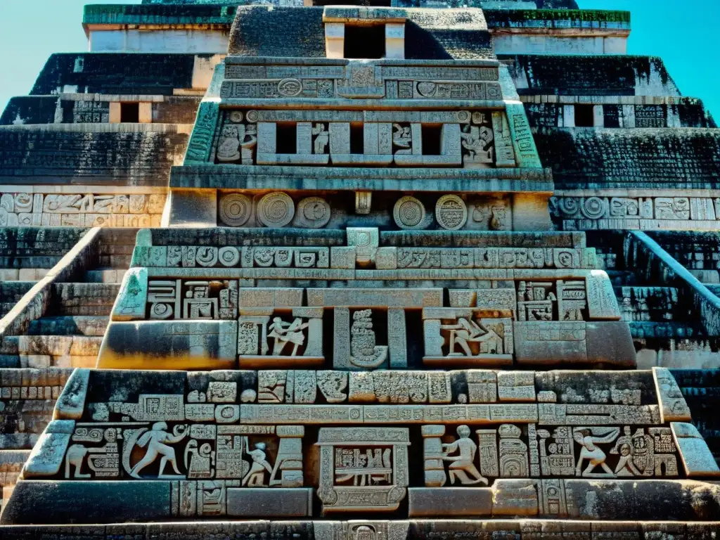 Detalle de las intrincadas inscripciones y jeroglíficos en la pirámide maya de Kukulkán, revelando secretos ancestrales dioses mayas