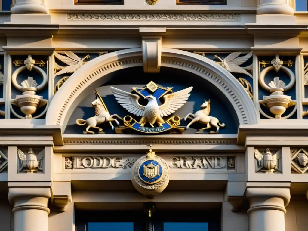 Detalle de las intrincadas tallas en la fachada de la Gran Logia de Inglaterra en Londres, resaltando el simbolismo de templos masónicos historia