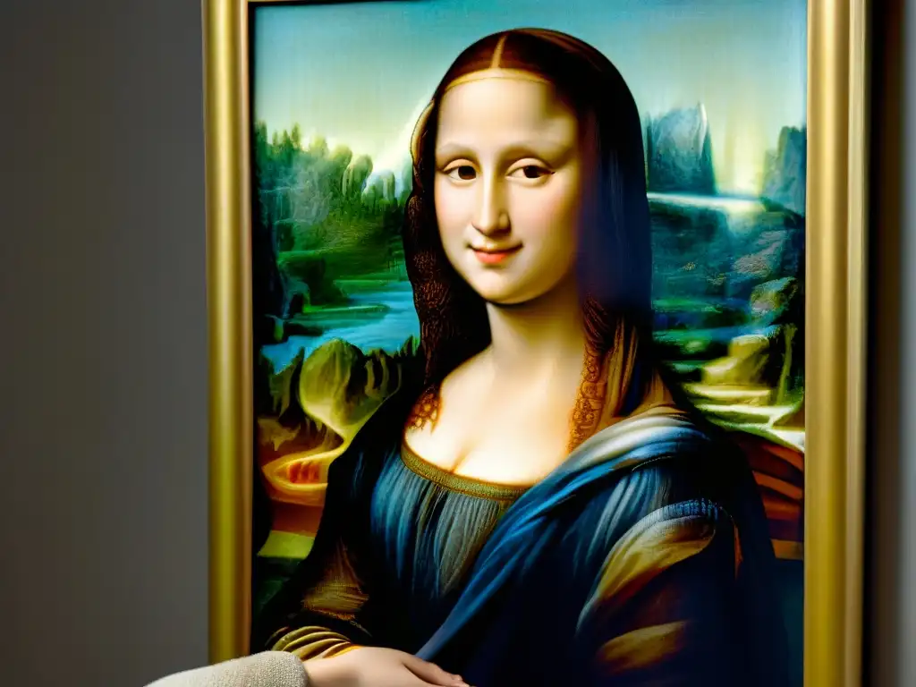 Detalle intrincado de la 'Mona Lisa' de Leonardo da Vinci, resaltando la enigmática sonrisa y la simbología oculta Leonardo Da Vinci