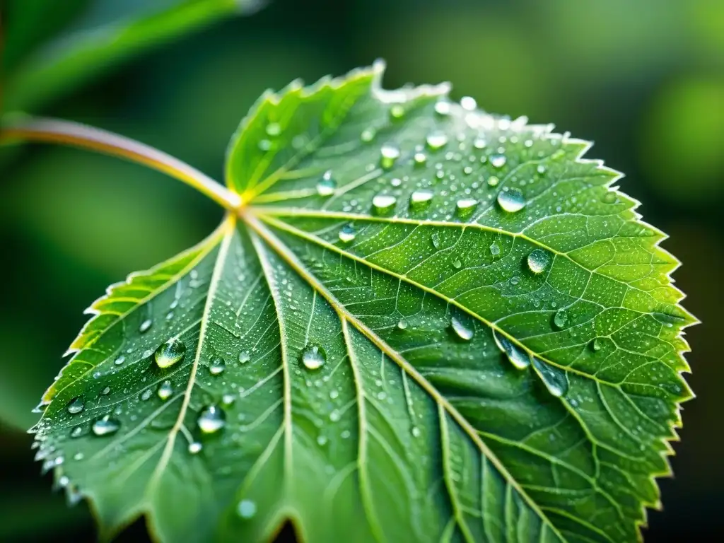 Detalle mágico de una hoja verde cubierta de rocío, iluminada por la mañana