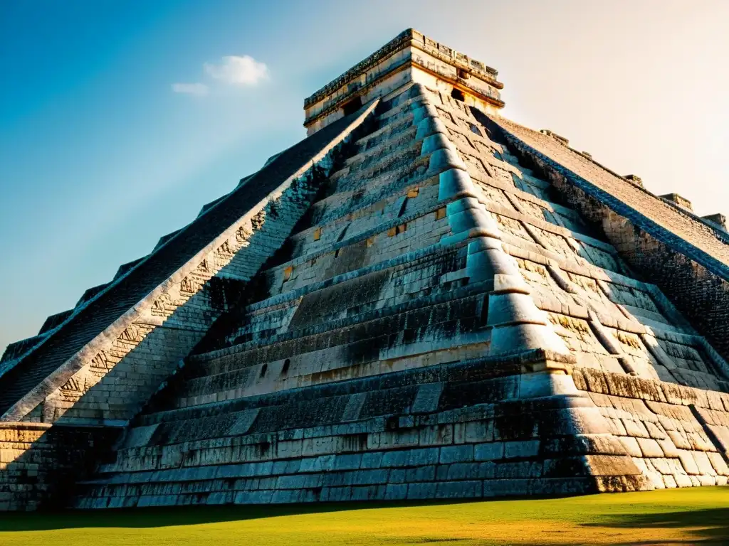 Detalle de la majestuosa Pirámide de Kukulkán en Chichén Itzá, con sombra serpenteante en equinoccio